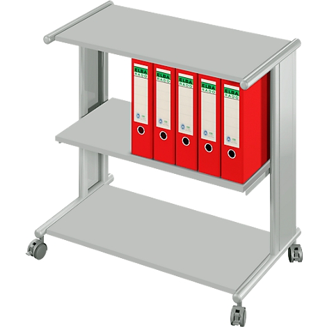 Gray office trolley with three shelves and red file folders.