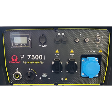 Bedienfeld eines Pramac P 7500i Inverter-Stromerzeugers mit Steckdosen, Schaltern und Digitalanzeige.