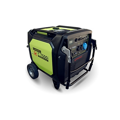 Mobiler Inverter-Stromerzeuger P 7500i in Schwarz und Hellgrün mit Rädern vor weißem Hintergrund.