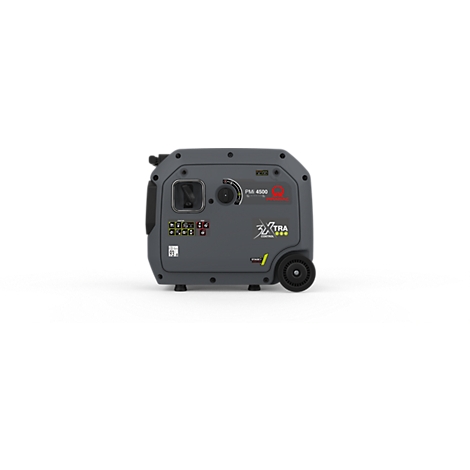 Grauer, kompakter Inverter-Stromerzeuger der Marke Xtra mit Bedienpanel und Rad vor weißem Hintergrund.