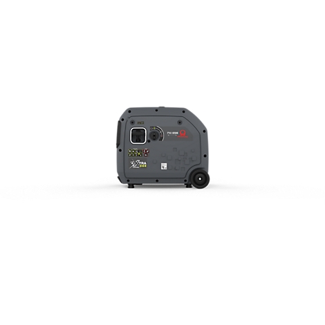 Grauer, kompakter Inverter-Stromerzeuger mit Rollen vor neutralem Hintergrund.