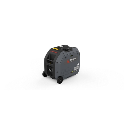 Grauer, kompakter Inverter-Stromerzeuger Pramac PMi 6500 mit Rädern vor weißem Hintergrund.