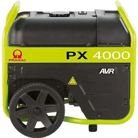 Pramac PX 4000 Stromerzeuger mit limegrünem Rahmen und schwarzem Gehäuse vor weißem Hintergrund.