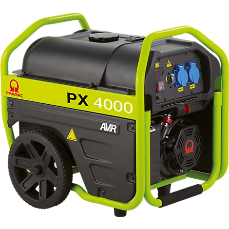 Mobiler Stromerzeuger Pramac PX 4000 mit neongrünem Rahmen und schwarzen Rädern.
