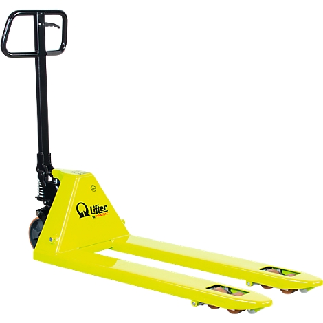 Yellow pallet jack against a white background. Inscription: Lifter. Black handle.