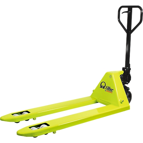 Yellow pallet jack with black handle against a white background. Inscription: Lifter.