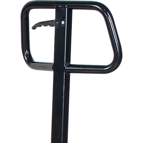 Close-up of a black handle from a pallet truck. The handle has a rectangular shape.