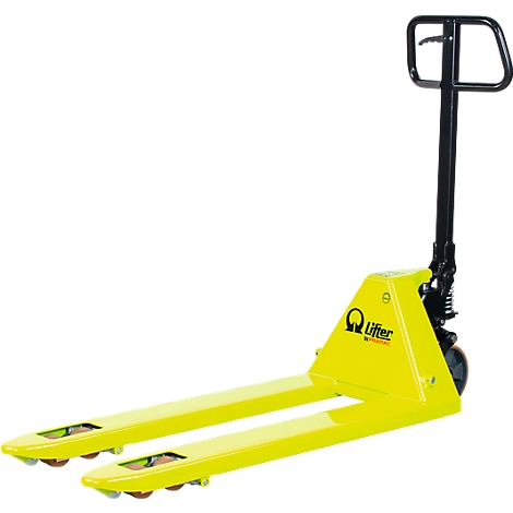 Yellow pallet jack with black handle. Logo on the chassis. Wheels and forks are visible.