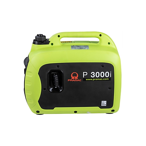 Heller, neongrüner Pramac P 3000i Inverter-Stromerzeuger vor weißem Hintergrund.