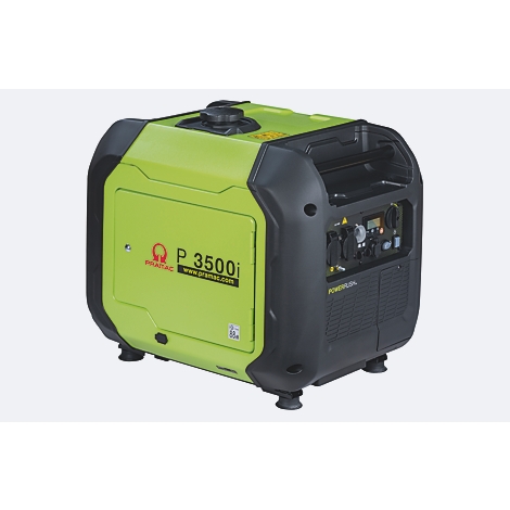 Kompakter, hellgrüner Inverter-Stromerzeuger Pramac P3500i mit schwarzem Gehäuserahmen und Anschlüssen.