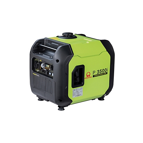 Limegrüner Inverter-Stromerzeuger Pramac P3500i mit schwarzem Gehäuserahmen vor weißem Hintergrund.