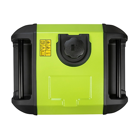 Draufsicht eines neongrünen Stromgenerators mit schwarzem Tankdeckel und Warnsymbolen auf weißem Hintergrund.