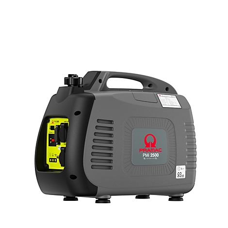 Grauer, kompakter Inverter-Stromerzeuger Pramac PM 2500 mit gelber Frontblende auf weißem Hintergrund.