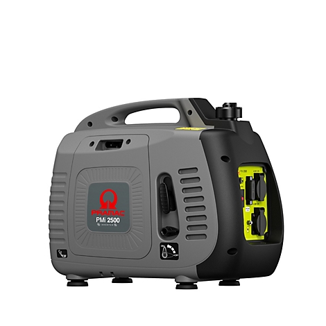 Grauer, kompakter Inverter-Stromerzeuger Pramac PM 2500 mit schwarzem Griff und gelbem Bedienfeld.