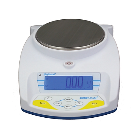 Digital precision scale, white with blue display. Shows 0.00 g. Labeled: Highland, ADAM, TARE, Mode, Smart, Print.