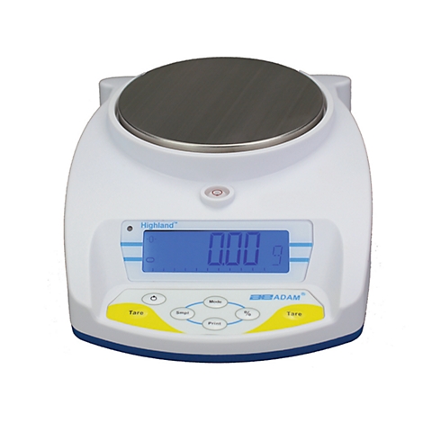 A white precision scale with a digital display. The display shows '0.00 g'. Logos of 'Highland' and 'ADAM' are on the scale.