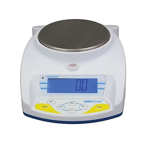 Digital laboratory scale, white housing, grey weighing pan, blue display shows 0.0 g.