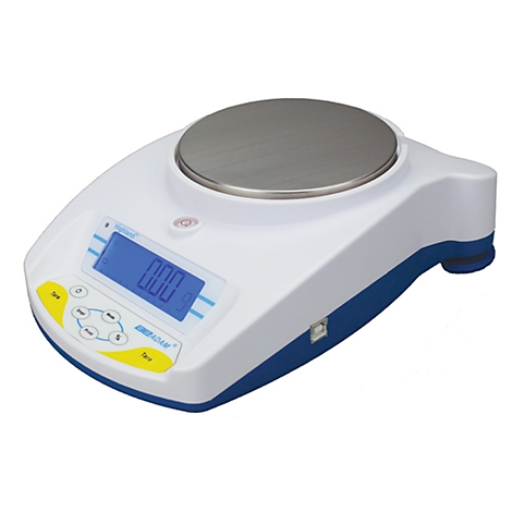 White and blue lab scale with digital display, weight 0.00g. Round metal weighing surface.