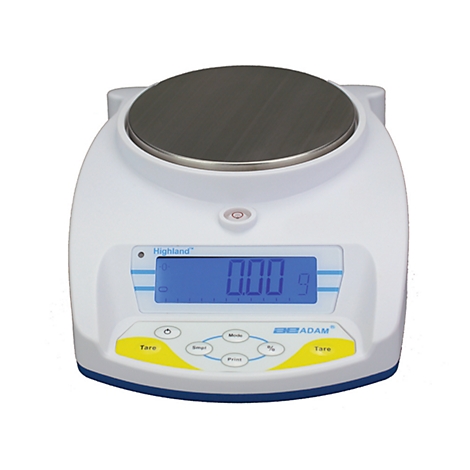 A white digital lab scale with a blue display. The display shows 0.00 g. The scale reads "Highland" and "ADAM".