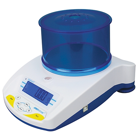 A digital lab scale in white and blue, with a blue container on top. The display shows 0.00 g.