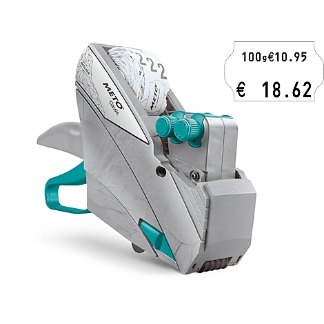 Preisauszeichner in Grau mit grünen Akzenten, Preisetikett mit Preisangaben.