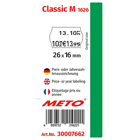 Etikett mit Preisen, Texten und Barcode, grüne und rote Farben. Aufschrift: Classic M 1626, Preis 13,95€. Unten: Art.Nr. 30007662.
