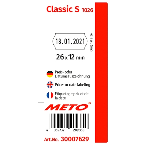 Etikett mit Aufdruck "18.01.2021", darunter "26 x 12 mm", sowie Angaben zur Preis- und Datums-auszeichnung und Barcode.