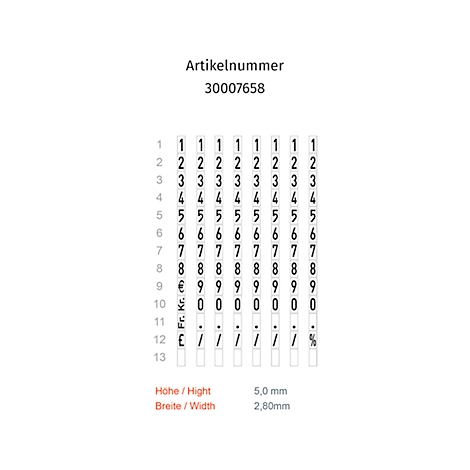 Tabellarische Auflistung von Ziffern, Zeichen und Werten auf weißem Hintergrund. Die Artikelnummer ist 30007658.
