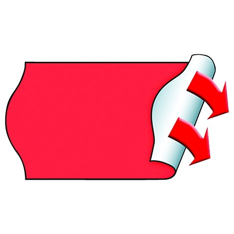 Rotes Blatt, das sich an der Ecke ablöst, darunter eine weiße Fläche mit roten Pfeilen.