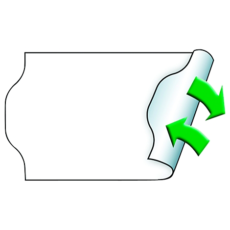 Ein weißes Papier mit geschwungenem Rand, ein Teil ist aufgerollt mit grünen Pfeilen.