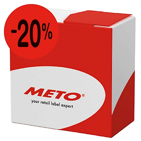 Ein Produktkarton mit roter Aufschrift -20% auf rotem Kreis. Darunter steht der Schriftzug METO.
