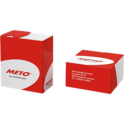 Zwei rote und weiße Kartons. Beide zeigen den Schriftzug "METO". Der eine ist geöffnet.