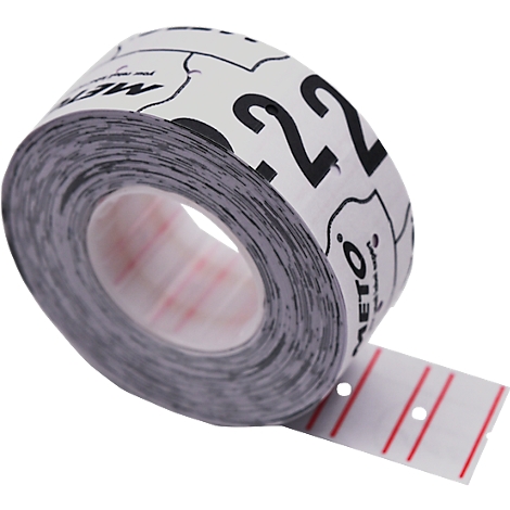 Ein gerolltes Etikettenband mit schwarzer Schrift und roter Linie.