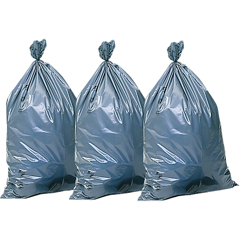 Three grey trash bags tied at the top, set against a white background.