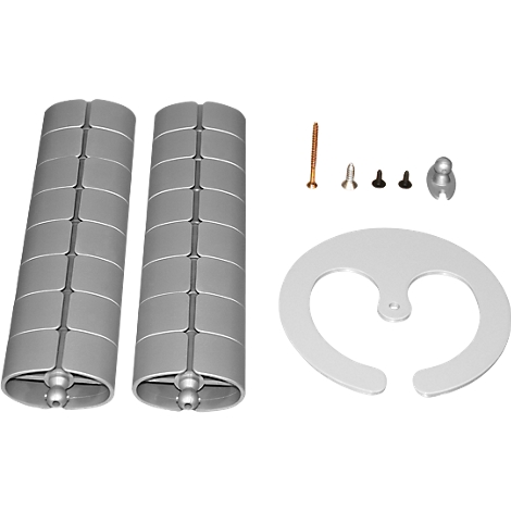 Two gray, grooved housings with accessories: screws, pins, and a half circle.