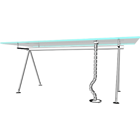 Desk with glass top, silver legs and a cable duct.