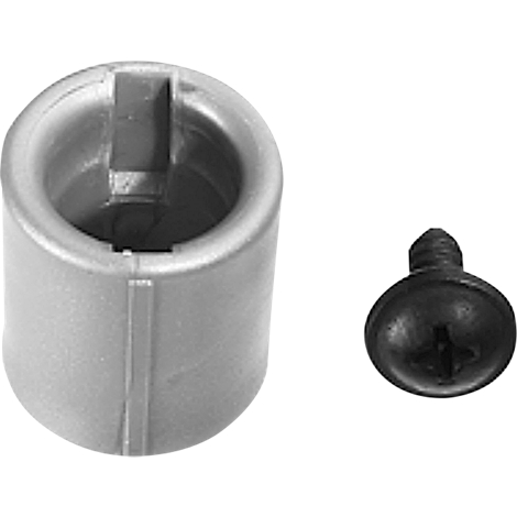 Gray cylindrical bushing with a black screw next to it.