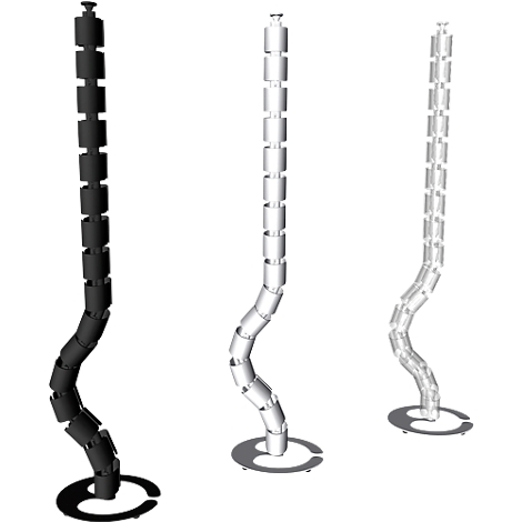 Three cable channels, black, white, and gray. They are curved and stand on a circular base.