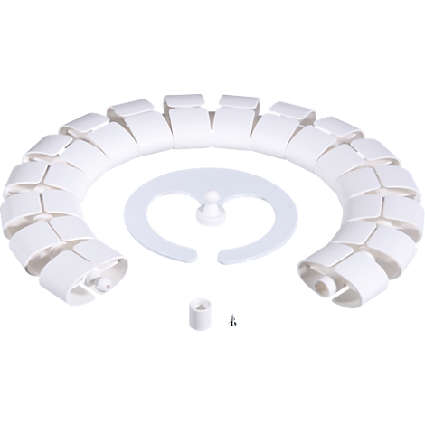 White cable management set: spiral cable sleeve, bracket, sleeve, and screw.