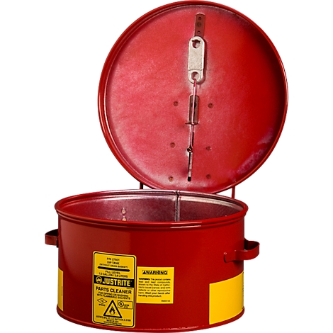 Red metal parts cleaner bucket, lid open, with 'JUSTRITE PARTS CLEANER' text.