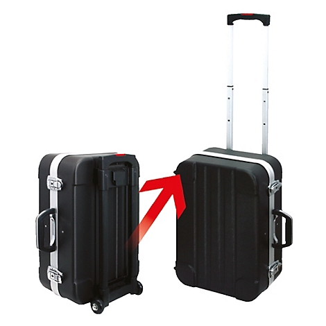 Zwei schwarze Transportkoffer. Einer mit Griff und Rollen, der andere mit ausziehbarem Griff. Ein roter Pfeil zeigt die Funktionalität.