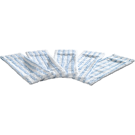 Five white cleaning cloths with blue stripes. They are fanned out on a white background.