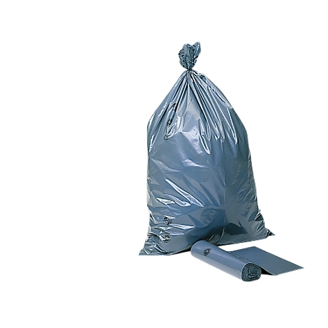 Gray garbage bag tied in a knot, next to it a roll and a sheet of garbage bags.