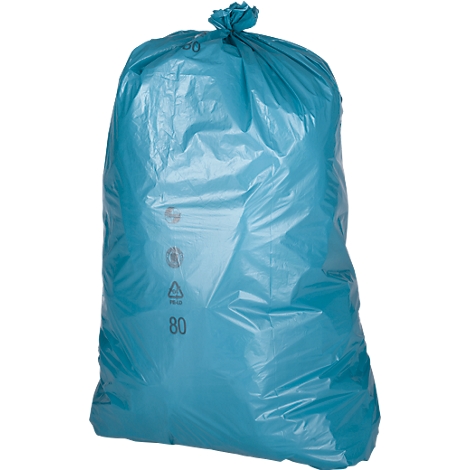 Turquoise garbage bag, knotted at the top, with the imprint "80".
