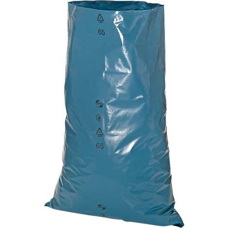 An upright blue trash bag with black symbols and the number 65.