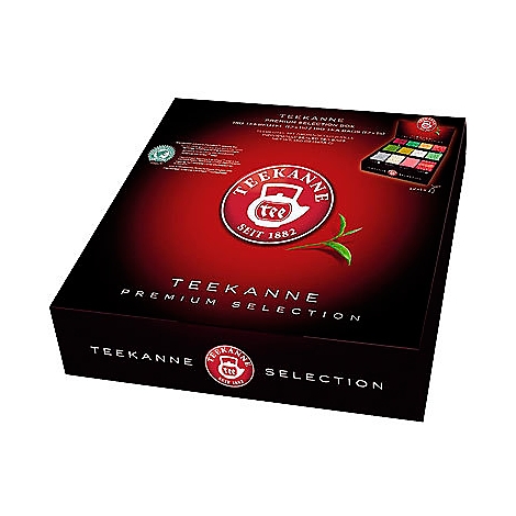 Teekanne-Premium-Selektionsbox in Schwarz und Rot mit Schriftzügen und Logo. Eine kleine Teekartenauswahl ist zu sehen.