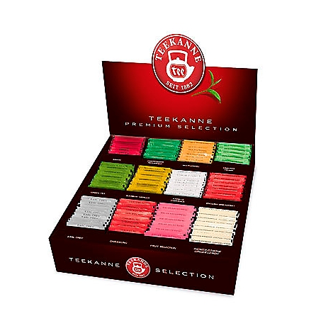 Offene Teebox mit farbigen Teebeuteln. Aufschrift: Teekanne Premium Selection.