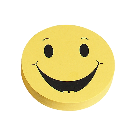 Gele smiley face notitieblok. Zwarte ogen, lachend met tanden.