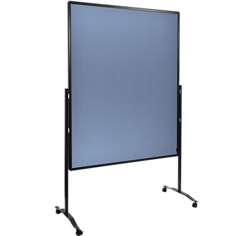 Blauw, rechthoekig whiteboard met zwart frame op een mobiele standaard.