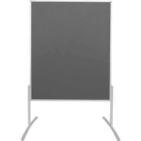 Gray pinboard with white frame and stand in front of a white background.